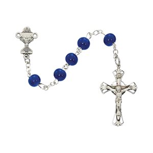 Chapelet perles 6 mm verre bleu, croix arg., 1ère Communion