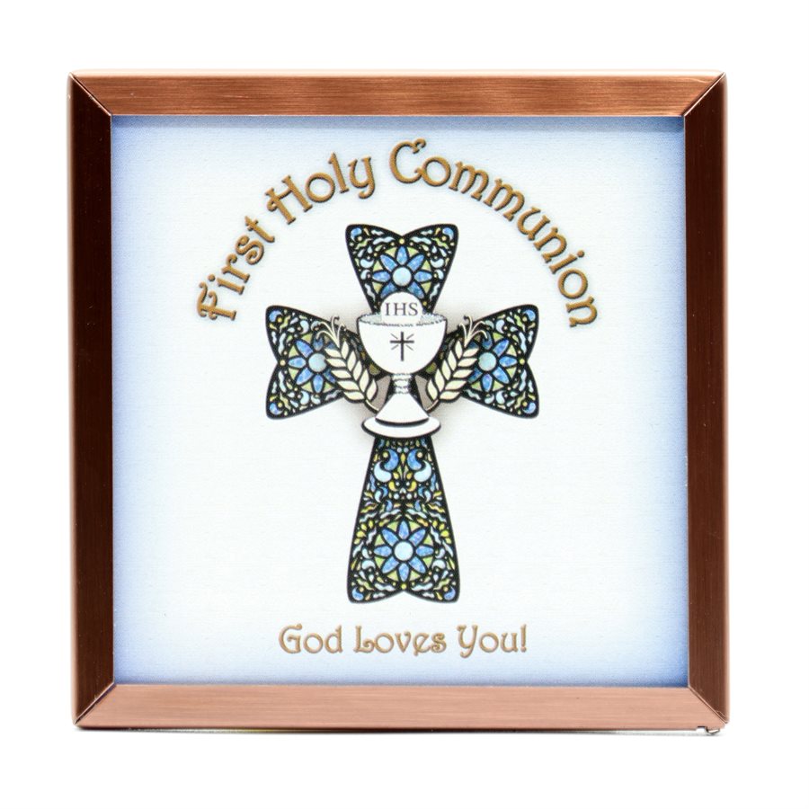 Cadre cuivre 1ère Communion, bleu, 10 x 10 cm, Anglais