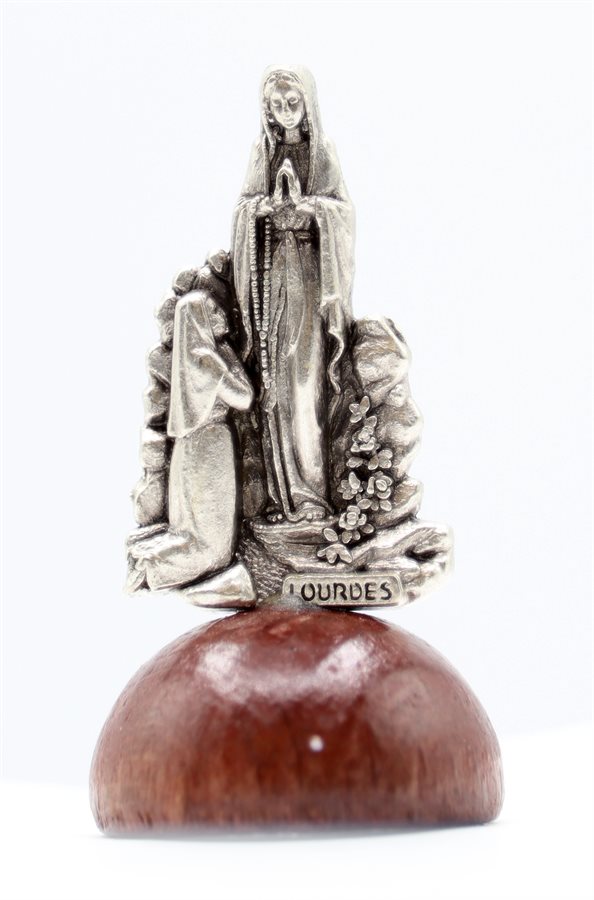 Statuette arg., Lourdes, base en bois, 3,5 cm