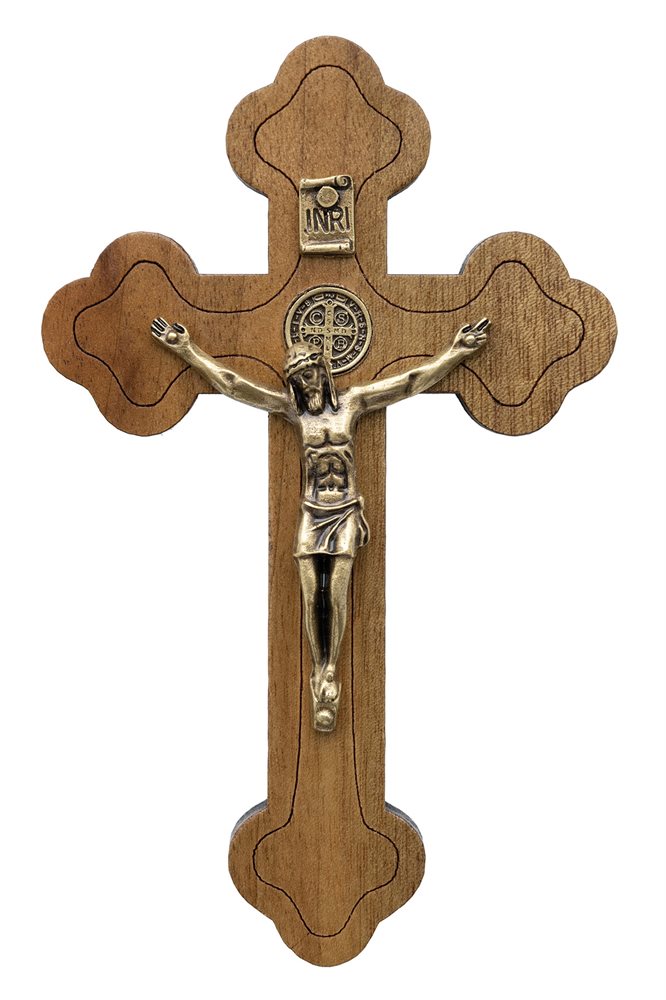 Crucifix Saint Benoit 12 cm , bois et corpus doré
