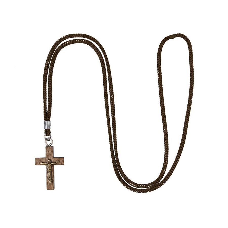 Pendentif croix 3,2 cm en bois brun, corpus doré, avec corde