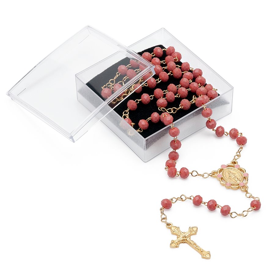 Pink Glass Rosary , 6 mm, Immaculate Medal, 41 cm