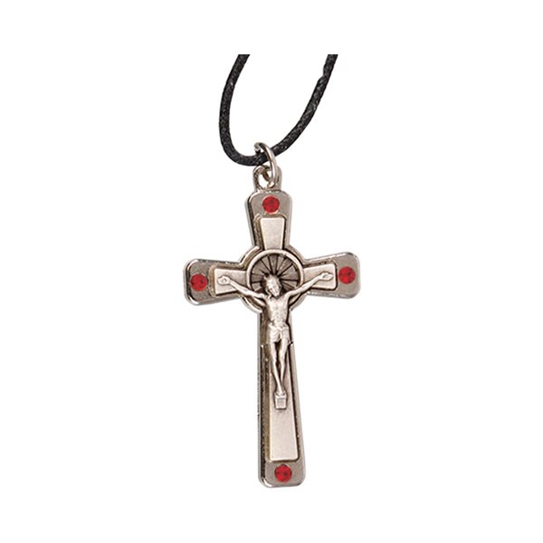 Silver Cross & Christ, Red Stone, 1½''