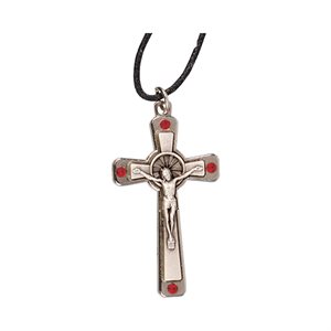 Pendentif Croix et Christ argentés, perle rouge, 3,8 cm