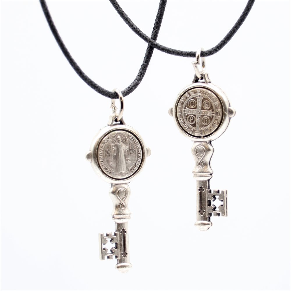 "St. Benedict'' Silver Pendant, on string, 1.2"