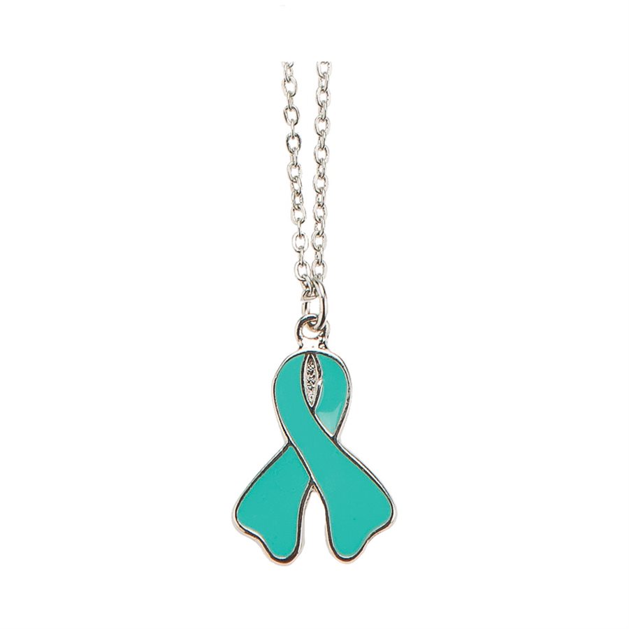 Pendentif argenté & vert pâle «Cancer ovaires», 51 cm