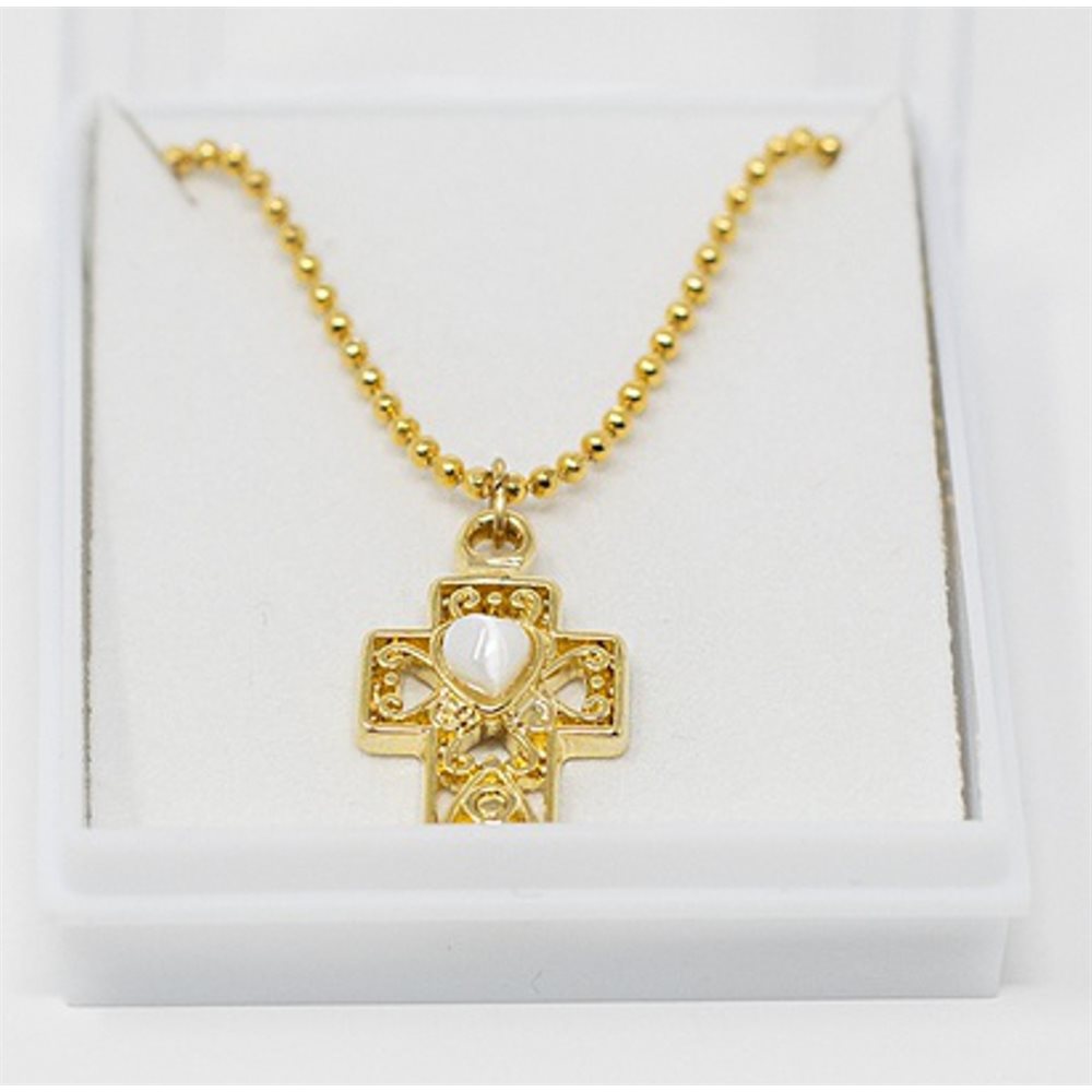 Gold pendant cross with white heart, 18'' chain