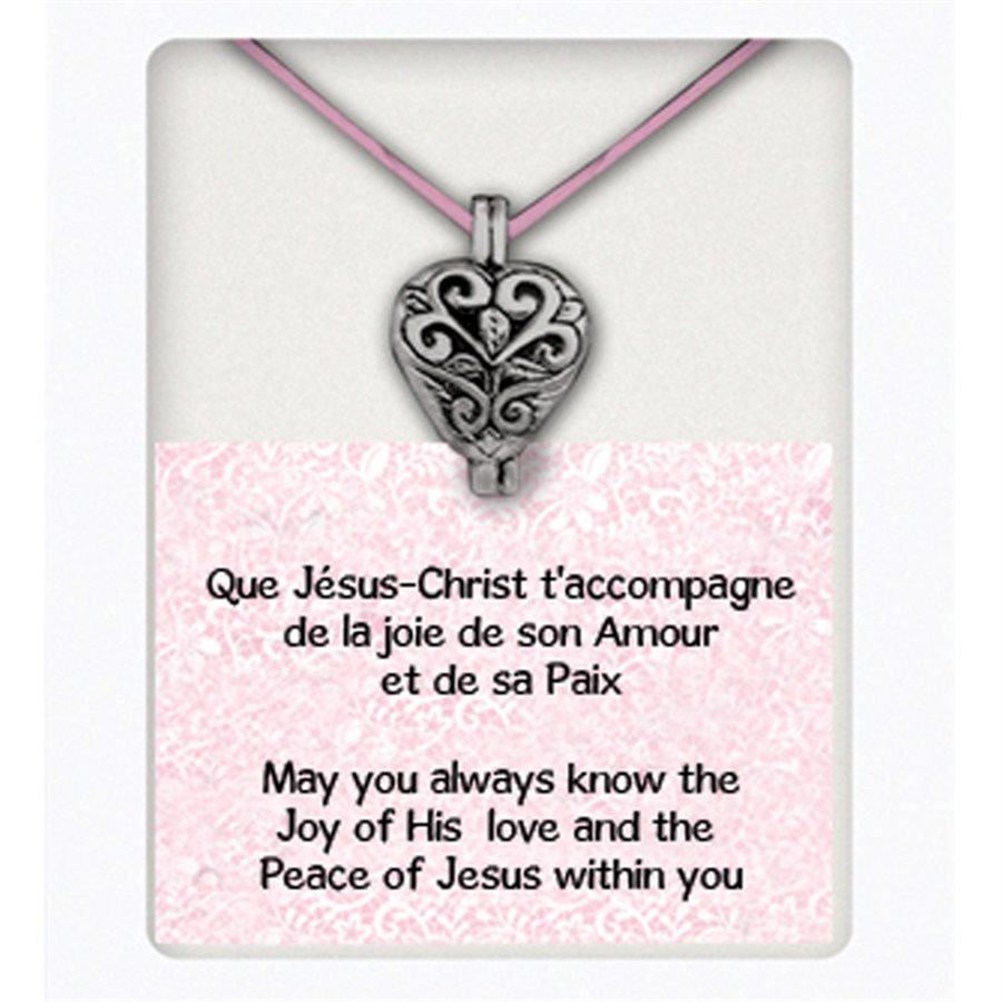 Médaille en coeur, prière int., sur corde rose, 33 cm