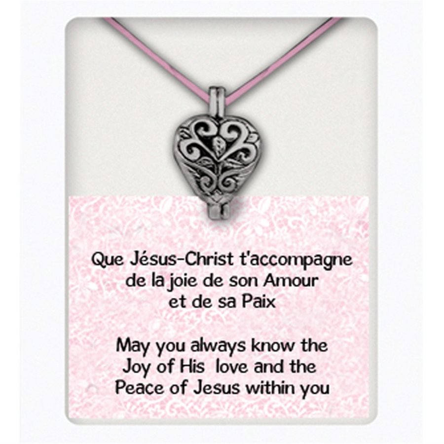 Prayer locket on 13" pink satin string, B