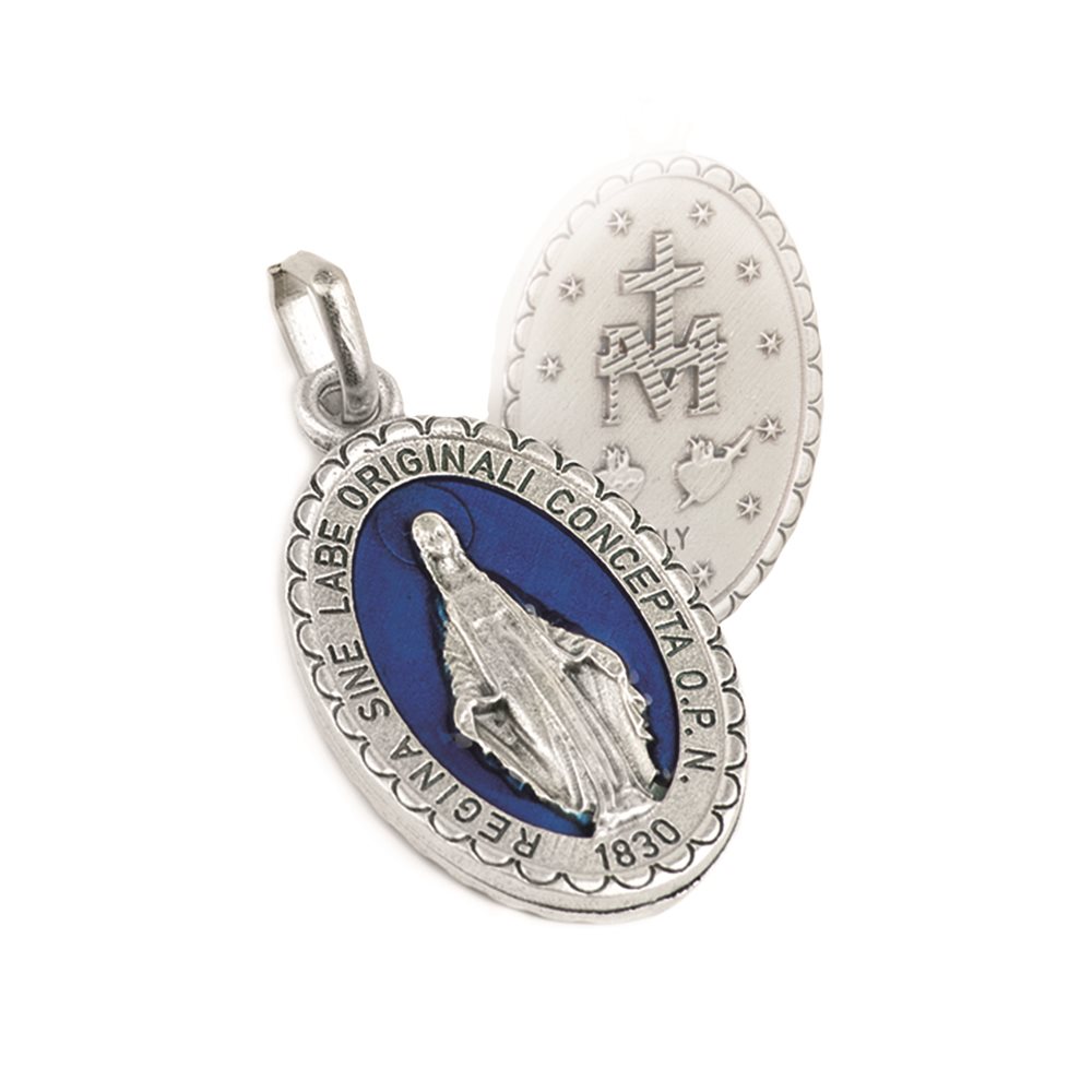 Médaille miraculeuse, métal oxydé fond bleu, 2,3 cm / un