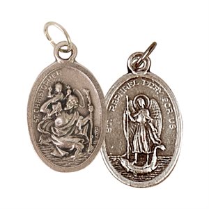 Médaille Saint Christophe et Saint Raphaël, métal oxydé / un