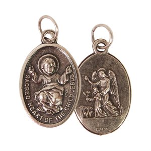 Médaille Sacré-Coeur-Jésus et Ange gardien, métal oxydé / un