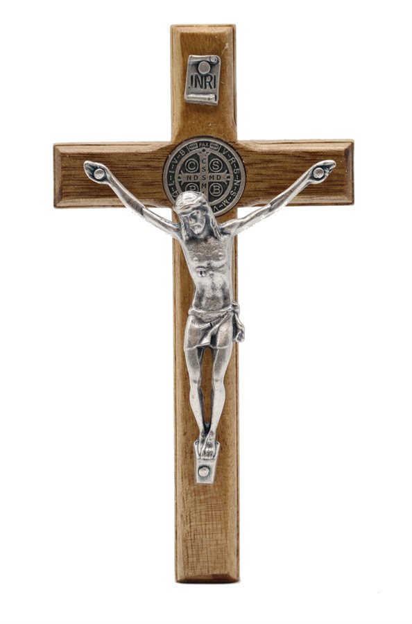 St Benedict Wood Crucifix 6,5 x 12 cm, Silver Finish Metal C