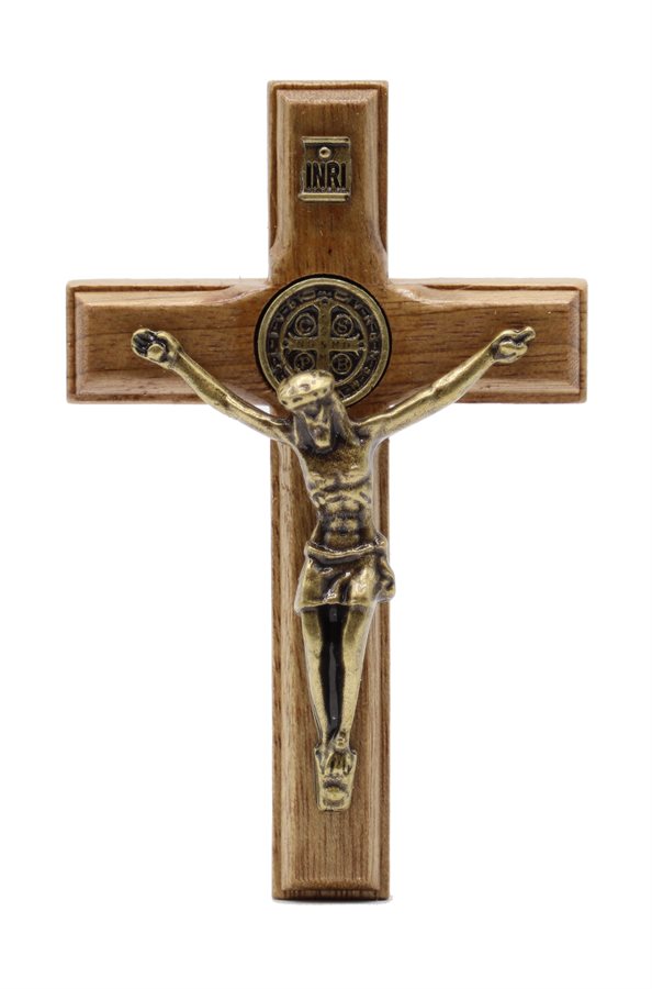 St Benedict Wood Crucifix 4,5 x 7 cm, Gold Finish Metal Corp