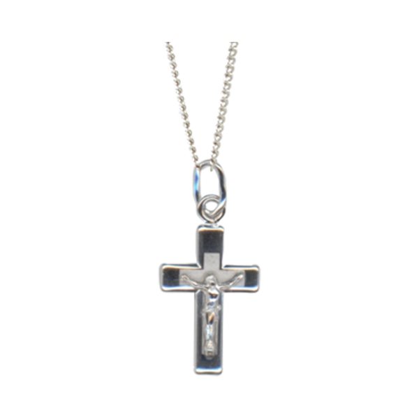 Pendentif argent .925, croix corpus, chaine plaquée, 46 cm