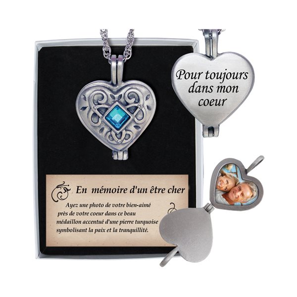 "Pour touj. dans mon coeur"Pewt. Locket, 24"chain,F