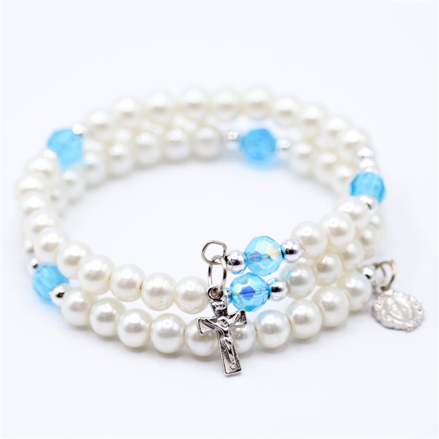 Bracelet Dizainier, perles blanches, croix arg.