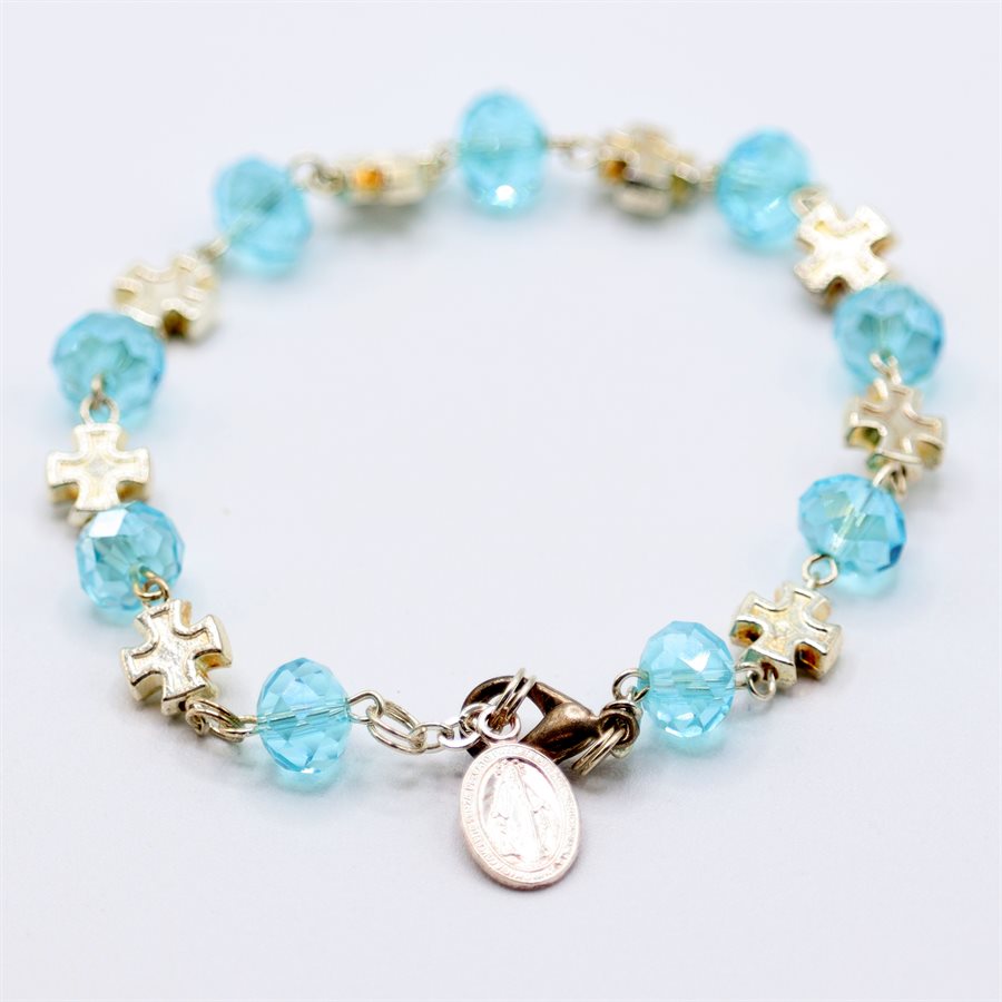 Bracelet cartes, perle crystal bleu & croix argentée