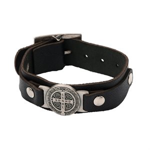 'St. Benedict'' Black Leather Bracelet
