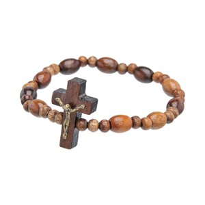 Bracelet élastique dizainier, noyer, avec crucifix