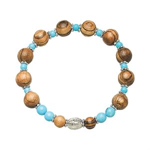 Bracelet élast., perles de bois marbrées et turquoise