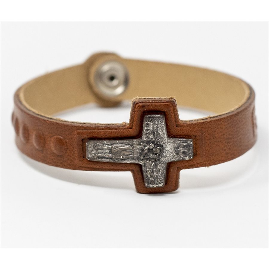 Bracelet de cuir clair, croix du pape, 19,5 cm