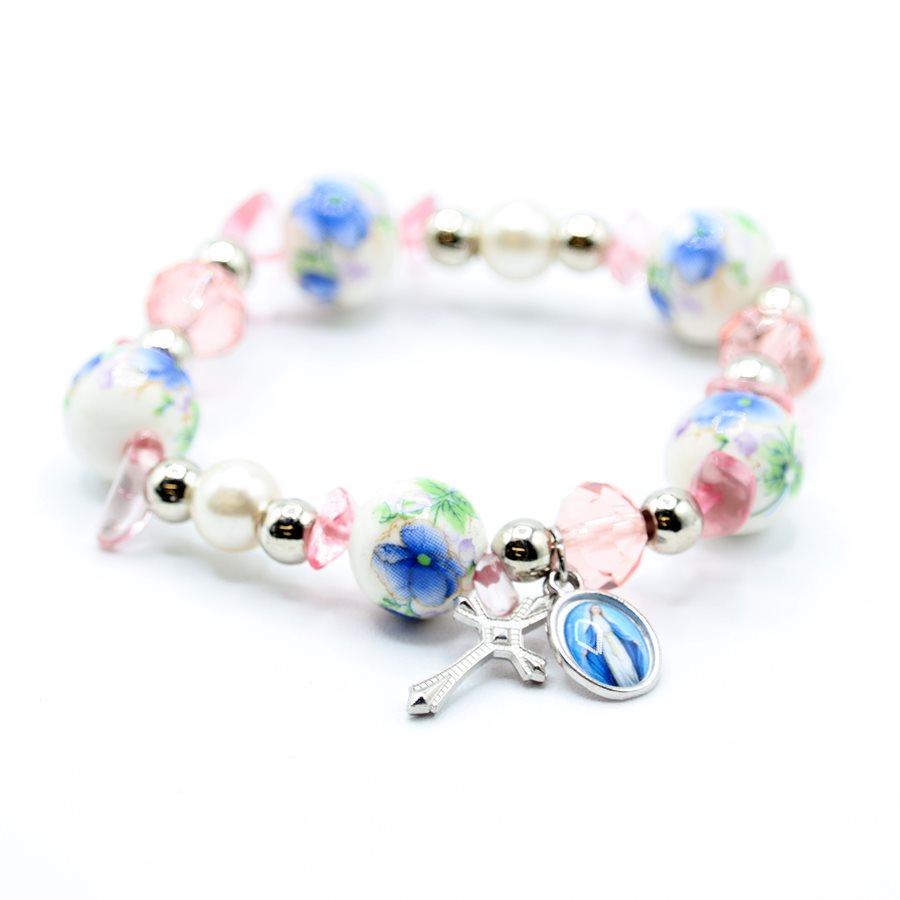 Bracelet de perles blanches, fleurs colorées, couleurs ass.