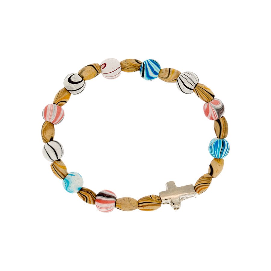 Bracelet élastique, perles de bois coloré zebré