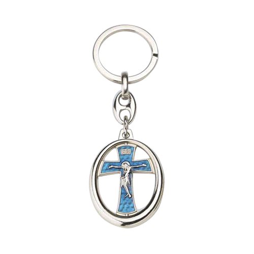 Porte-clés avec crucifix, nickel bleu