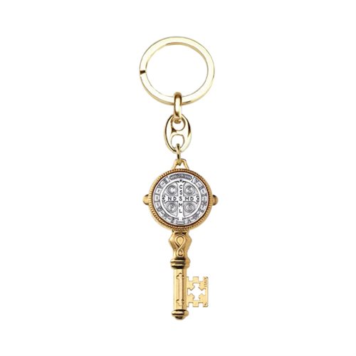 Porte-clés de Saint Benoit, métal doré / centre argent, 6 cm