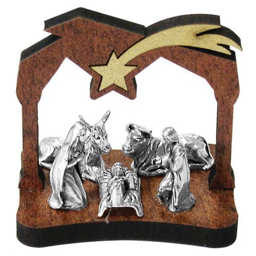 Crèche, scène Nativité en étain, sur bois, 4 x 4 cm