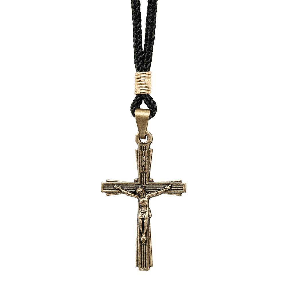 Pendentif croix 4 cm, métal doré antique, corde noir 38 cm