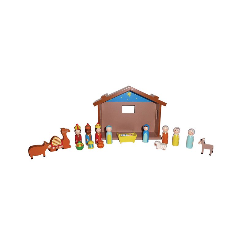 Ensemble crèche et person. de Noël, bois, 13,3 cm