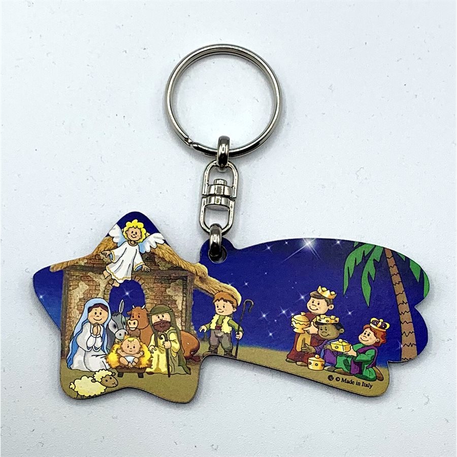 Porte-clés avec image de la Nativité sur bois