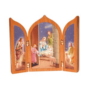 Plaque de bois, 3 scènes nativité, 12 x 10 x 9 cm