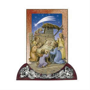 Cadre Nativité, base bois et argent, 10 cm