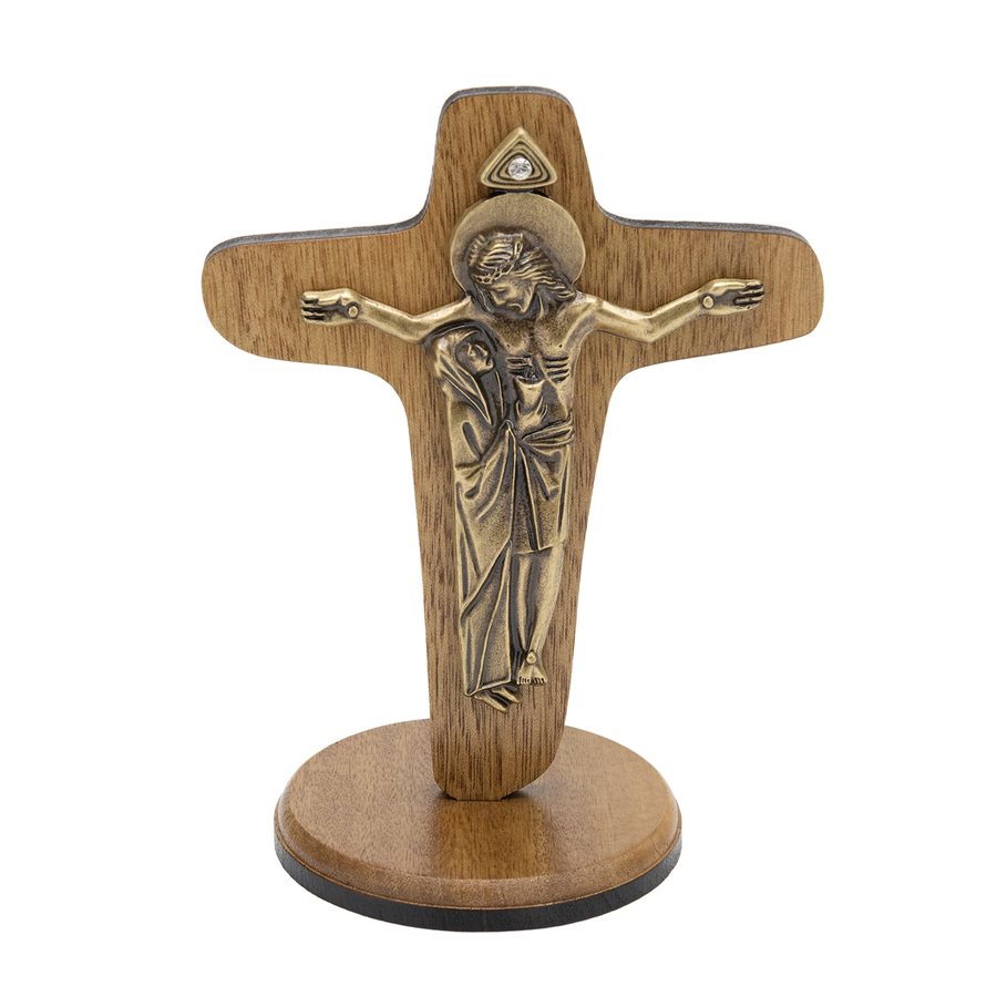 Crucifix sur base, bois et métal bronzé, 10x12 cm