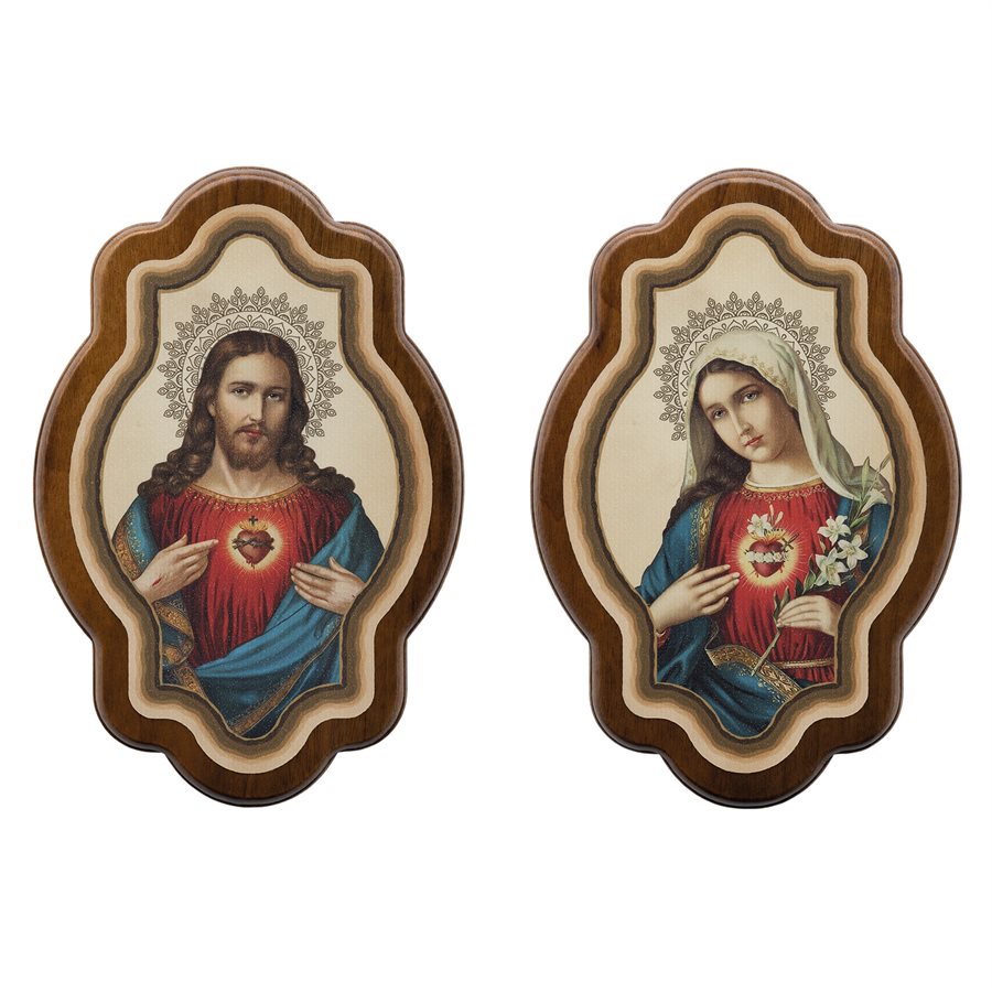 Plaques Sacré-Coeur de Jésus et Marie, bois, 9x13 cm, ens.