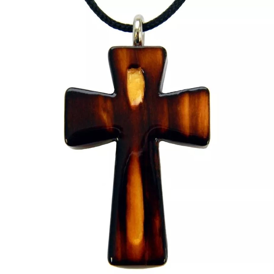 Varnished Burnt Pine Wood Cross & Rope Pendant, 1 3 / 8"